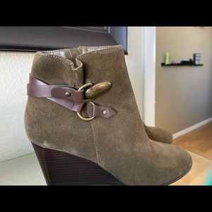 Green and brown wedge booties. Gold buckle detail. 3 inch Heel height